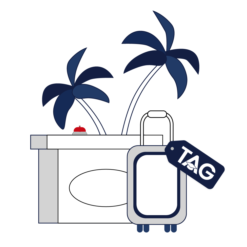 Hospitality internship suitcase at hotel reception with red bell and palm trees icon