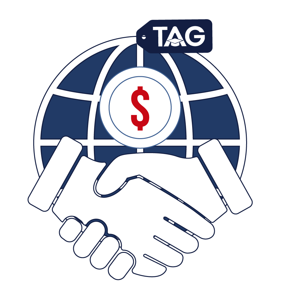 Charity and NGO internship blue globe and shaking hands below red dollar sign icon