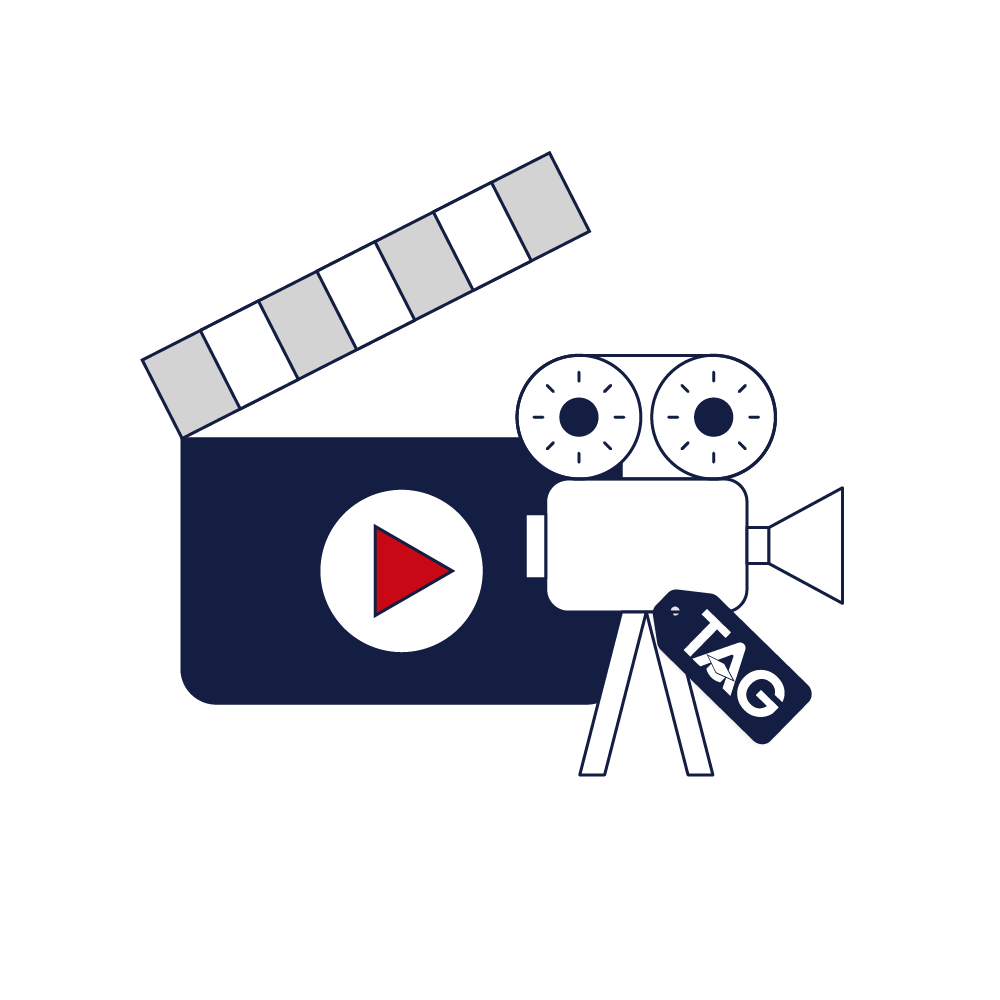 Media and Comms internship blue clapboard and white camera icon