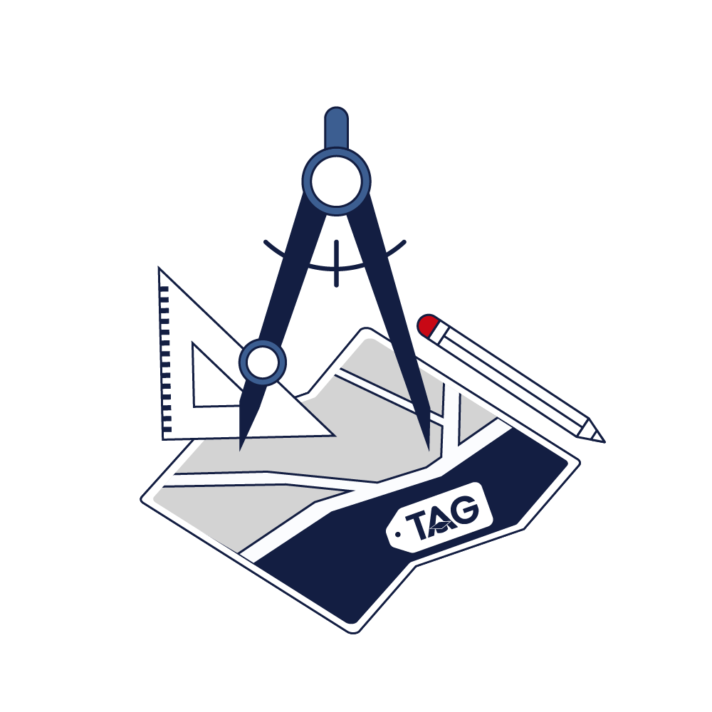 Architecture and urban planning internship blue compass and gret map with set square and pencil icon