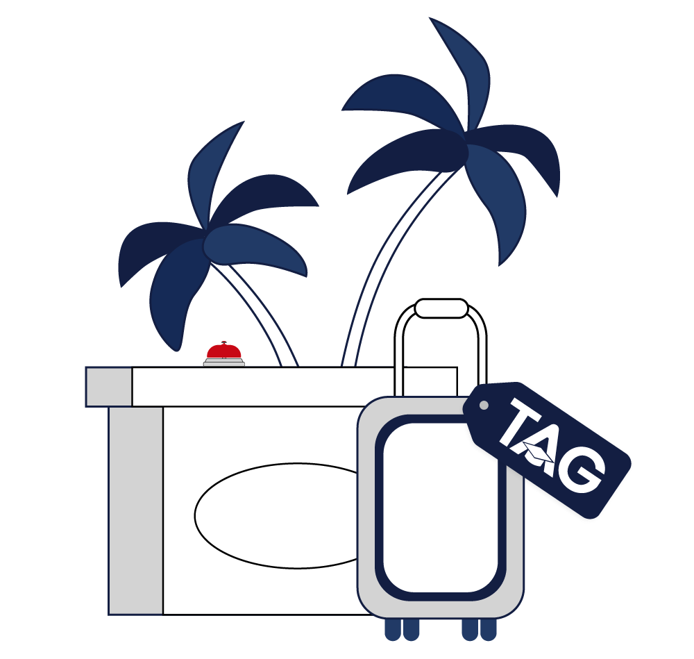 Hospitality internship suitcase at hotel reception with red bell and palm trees icon