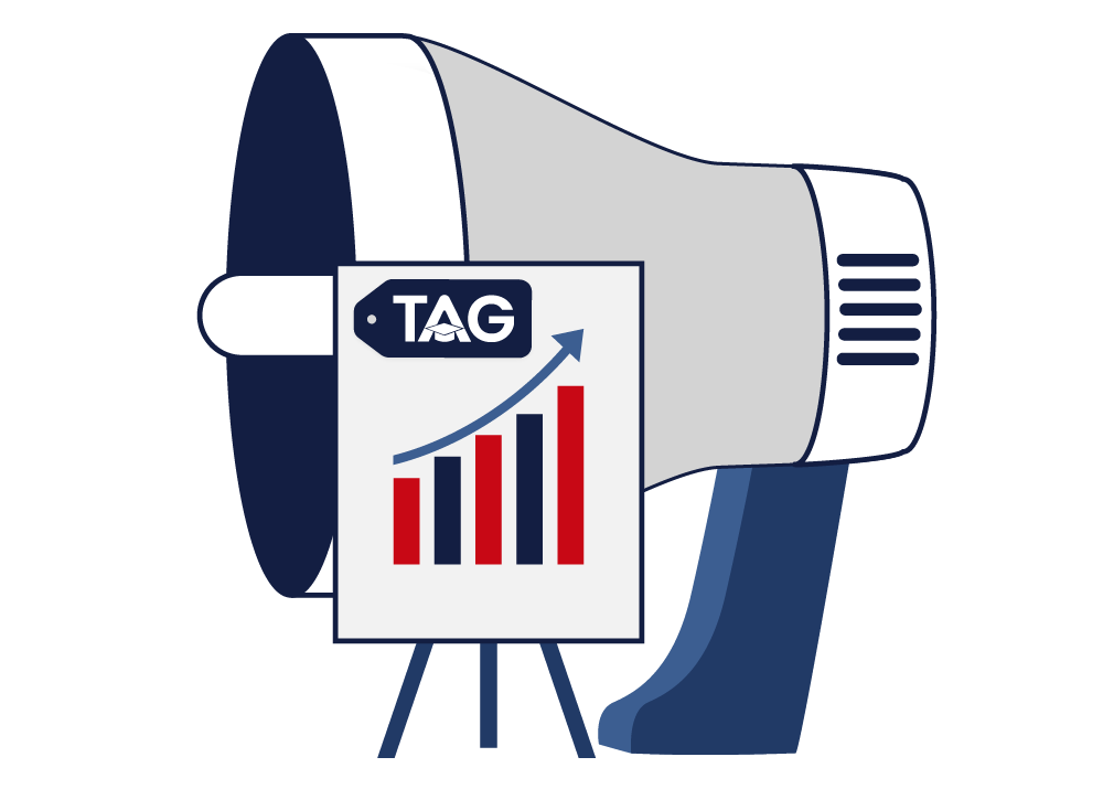 Marketing internship grey and blue megaphone and showing success clipboard icon